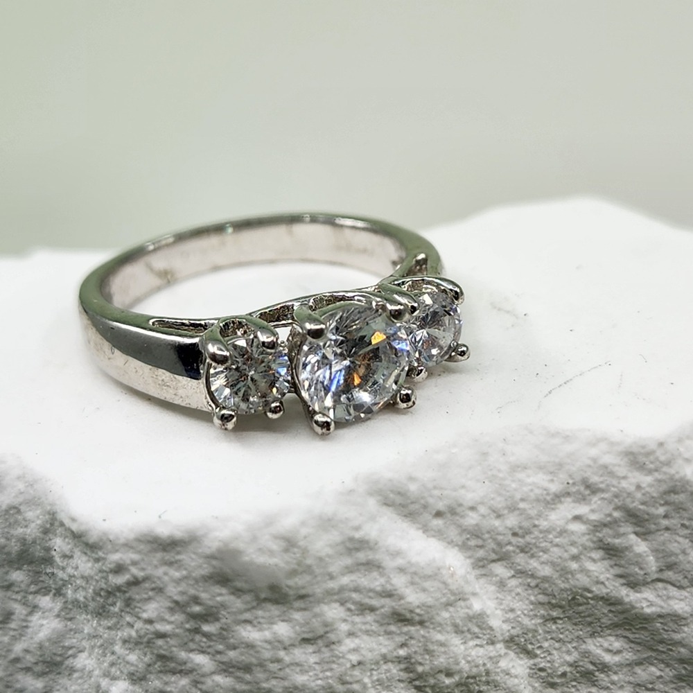 Silver Tone Three Stone Clear CZ Ring Round Cut Bridal Cocktail Sparkle Gift